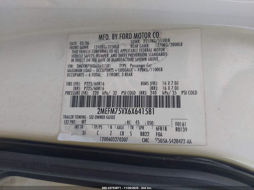 2006 Mercury Grand Marquis Ls VIN: 2MEFM75VX6X641581 Lot: 43753971