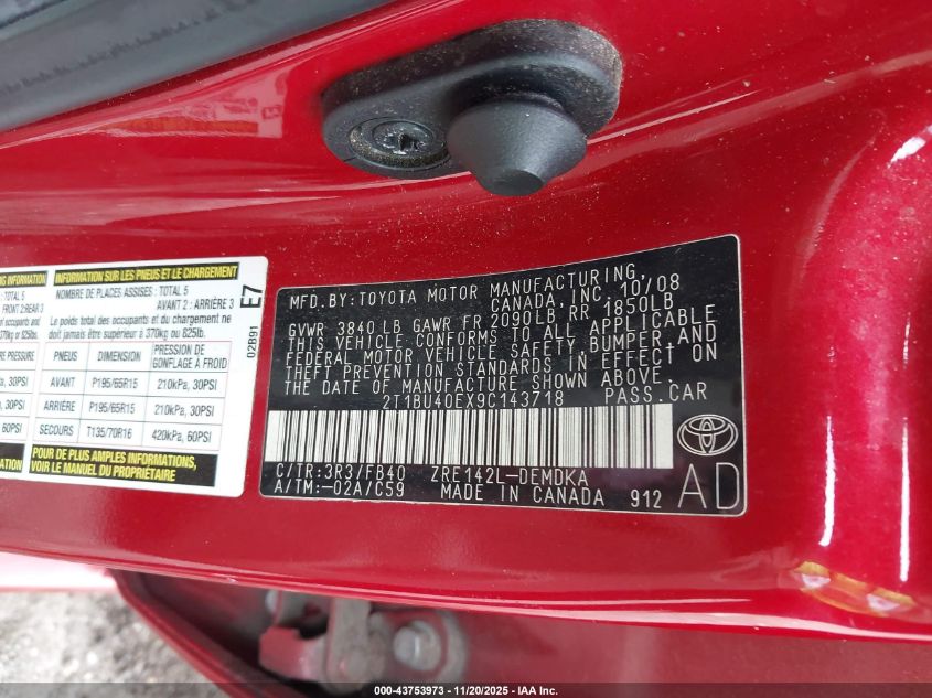 2009 Toyota Corolla VIN: 2T1BU40EX9C143718 Lot: 43753973