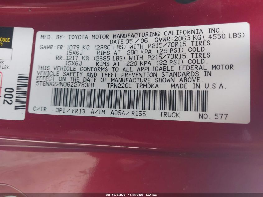 2006 Toyota Tacoma VIN: 5TENX22N06Z278301 Lot: 43753979