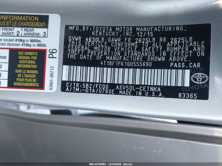 2016 Toyota Camry Le VIN: 4T1BF1FK1GU555690 Lot: 43753983