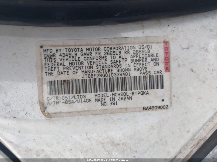 2001 Lexus Es 300 VIN: JT8BF28G010329401 Lot: 43753986