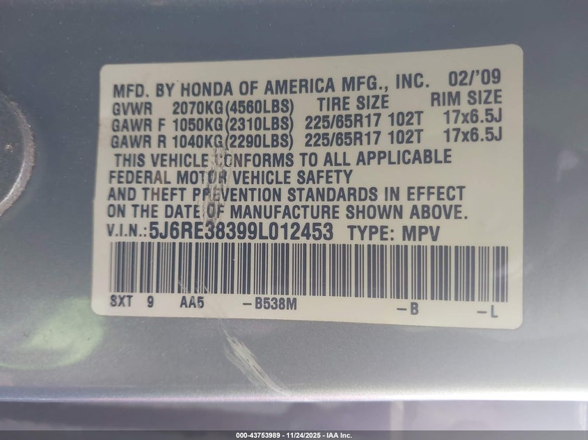 2009 Honda Cr-V Lx VIN: 5J6RE38399L012453 Lot: 43753989