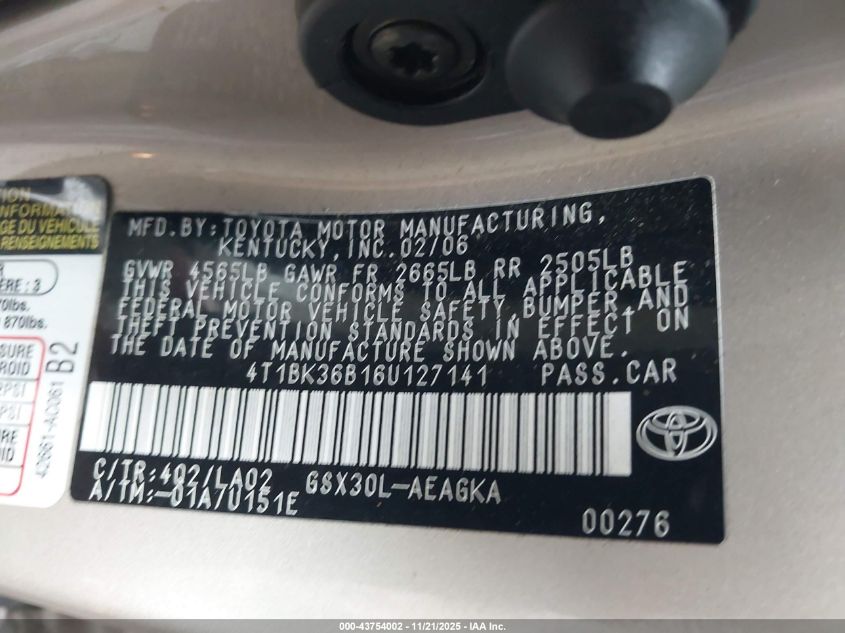 2006 Toyota Avalon Xls VIN: 4T1BK36B16U127141 Lot: 43754002