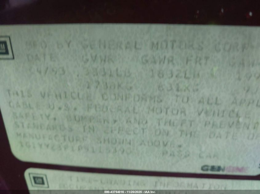 1993 Chevrolet Corvette VIN: 1G1YY23P1P5115390 Lot: 43754016