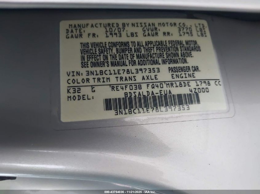 2008 Nissan Versa 1.8S VIN: 3N1BC11E78L397353 Lot: 43754036