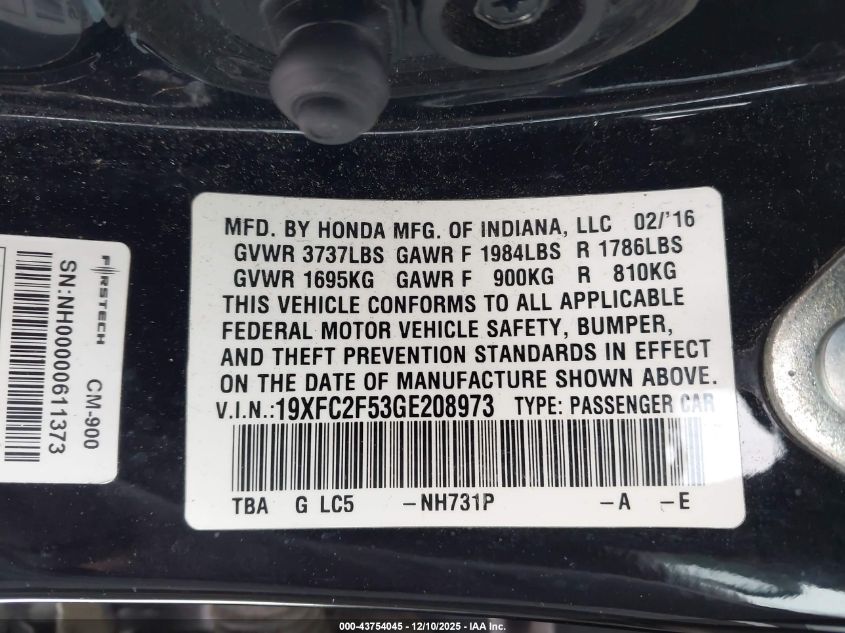 2016 Honda Civic Lx VIN: 19XFC2F53GE208973 Lot: 43754045