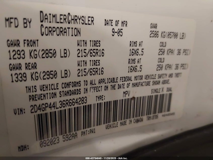 2006 Dodge Grand Caravan Sxt VIN: 2D4GP44L36R664283 Lot: 43754049