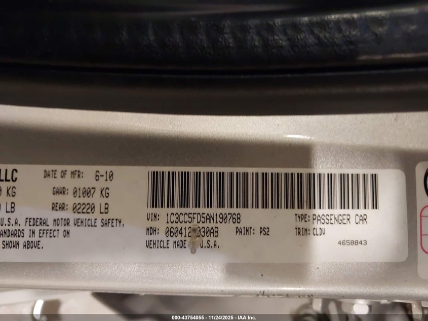 2010 Chrysler Sebring Limited VIN: 1C3CC5FD5AN190768 Lot: 43754055