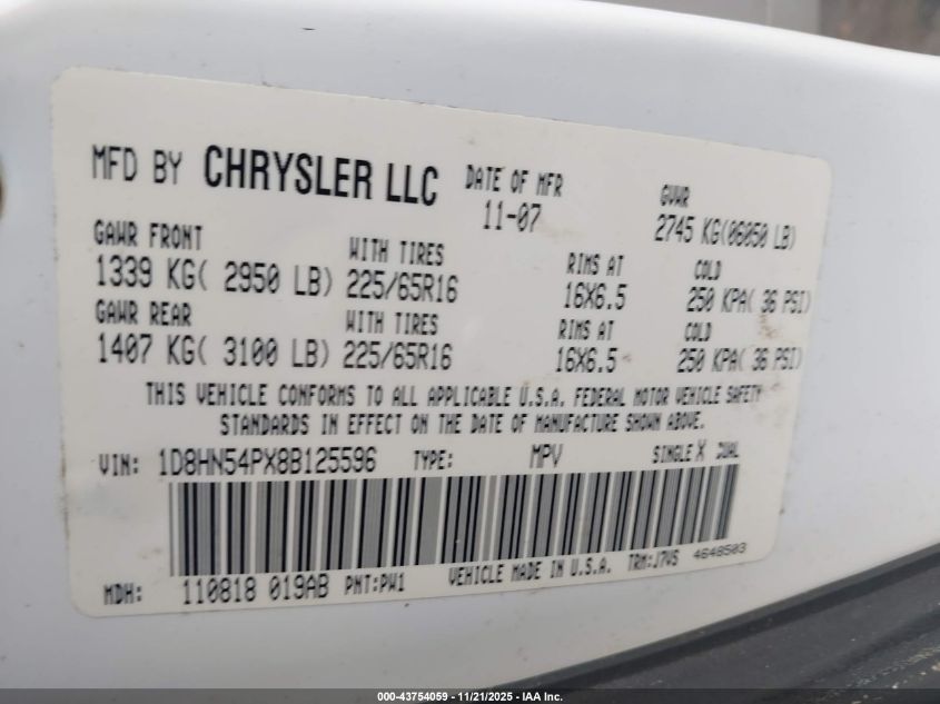 2008 Dodge Grand Caravan Sxt VIN: 1D8HN54PX8B125596 Lot: 43754059