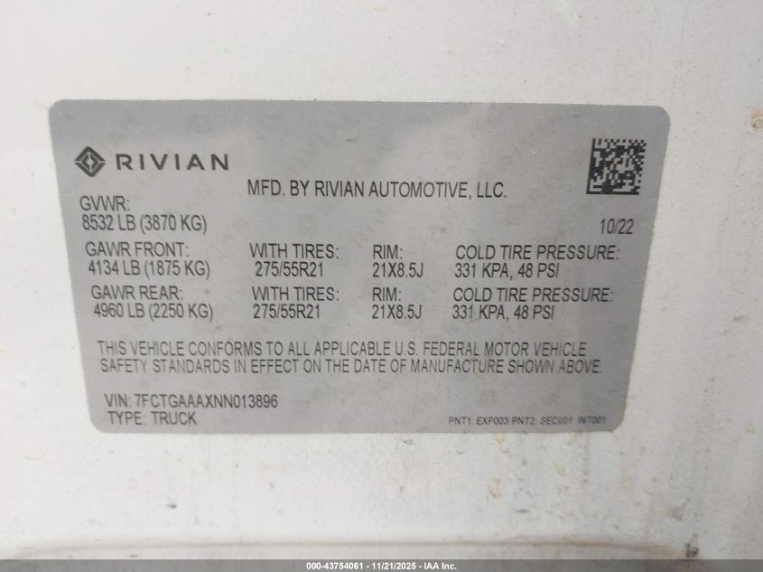 2022 Rivian R1T Adventure VIN: 7FCTGAAAXNN013896 Lot: 43754061