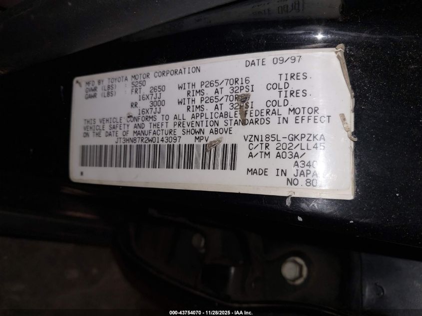 1998 Toyota 4Runner Sr5 V6 Limited VIN: JT3HN87R2W0143097 Lot: 43754070