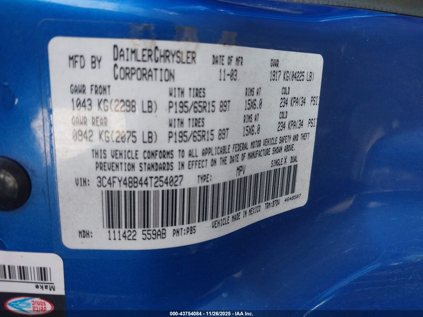 2004 Chrysler Pt Cruiser VIN: 3C4FY48B44T254027 Lot: 43754084