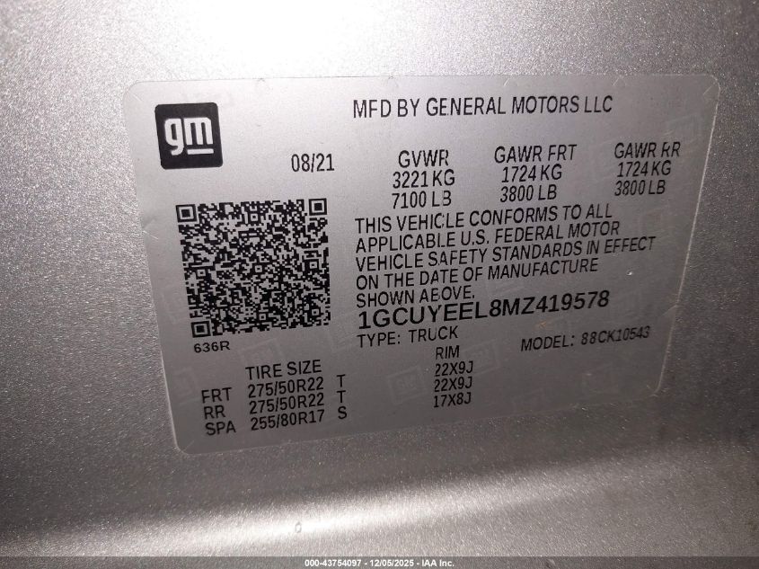 2021 Chevrolet Silverado 1500 4Wd Short Bed Rst VIN: 1GCUYEEL8MZ419578 Lot: 43754097