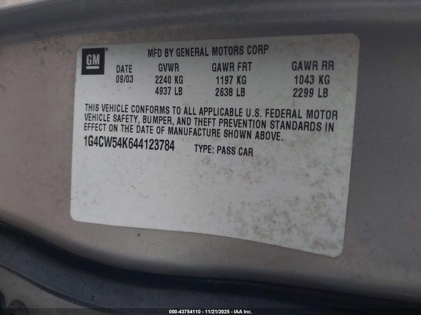 2004 Buick Park Avenue VIN: 1G4CW54K644123784 Lot: 43754110