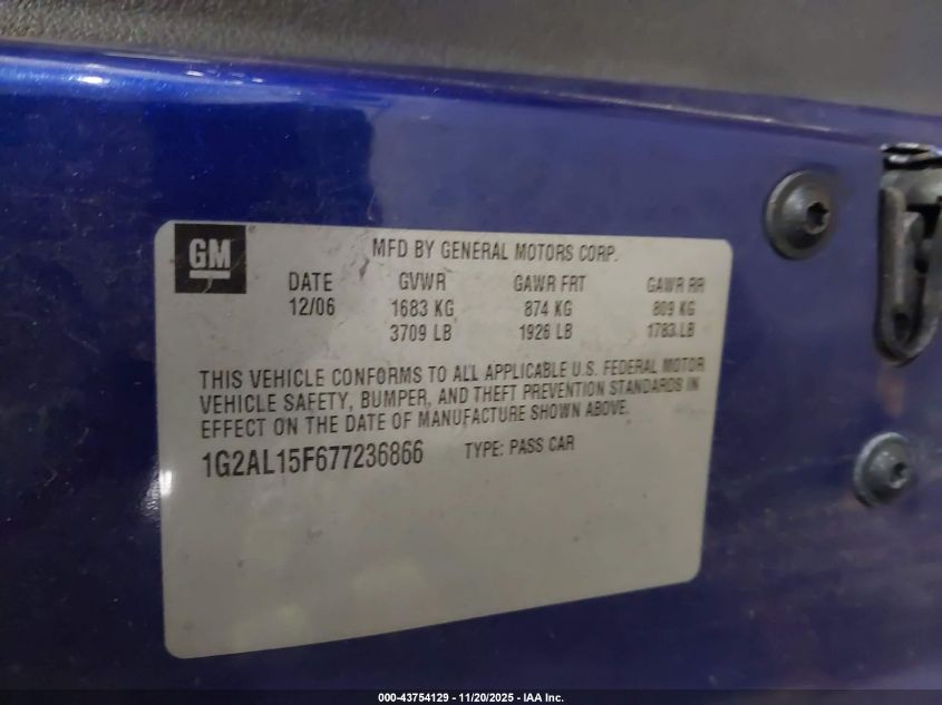2007 Pontiac G5 VIN: 1G2AL15F677236866 Lot: 43754129