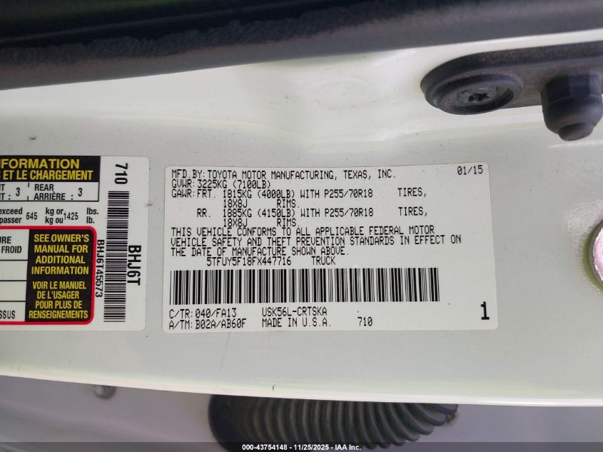 2015 Toyota Tundra Sr 5.7L V8 VIN: 5TFUY5F18FX447716 Lot: 43754148