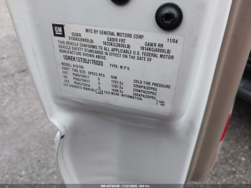 2005 Chevrolet Tahoe Lt VIN: 1GNEK13T05J176020 Lot: 43754155