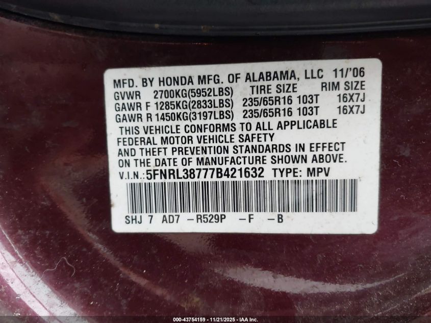 2007 Honda Odyssey Ex-L VIN: 5FNRL38777B421632 Lot: 43754159