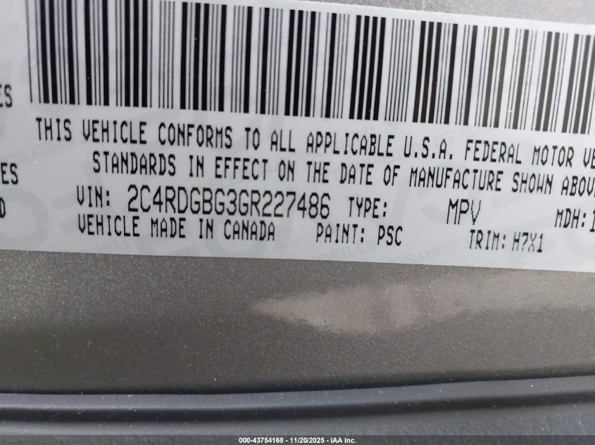 2016 Dodge Grand Caravan American Value Pkg VIN: 2C4RDGBG3GR227486 Lot: 43754168