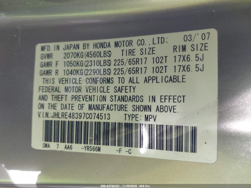 2007 Honda Cr-V Lx VIN: JHLRE48397C074513 Lot: 43754181