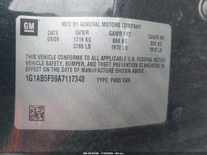 2010 Chevrolet Cobalt Ls VIN: 1G1AB5F59A7117348 Lot: 43754186