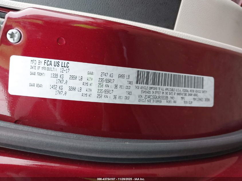 2018 Chrysler Pacifica Touring L VIN: 2C4RC1BGXJR155189 Lot: 43754187