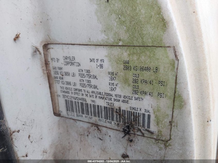 1998 Dodge Ram 1500 St VIN: 3B7HC12YXWM244960 Lot: 43754203