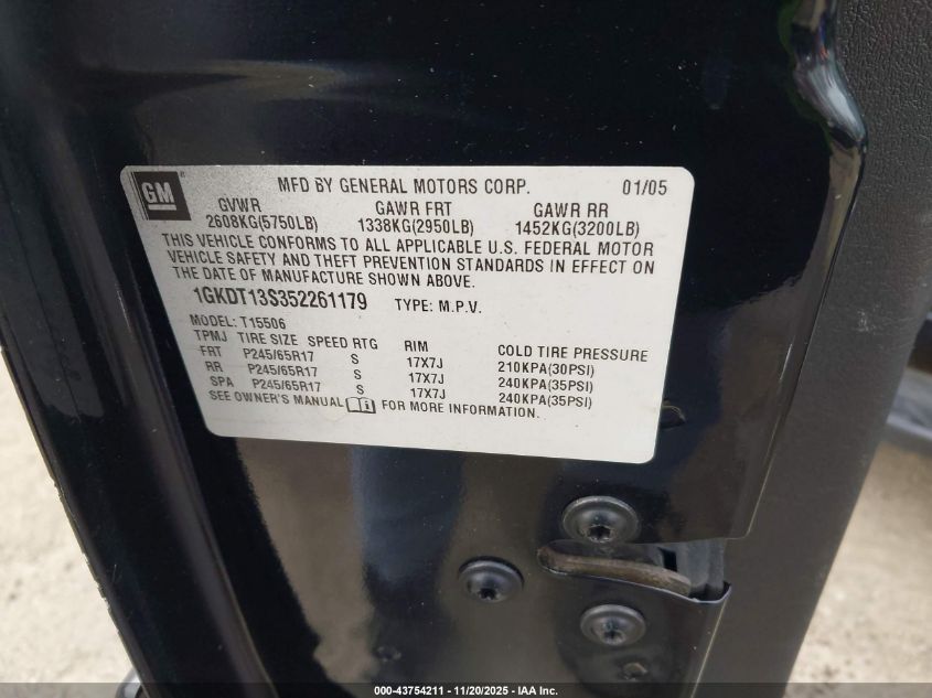 2005 GMC Envoy Slt VIN: 1GKDT13S352261179 Lot: 43754211