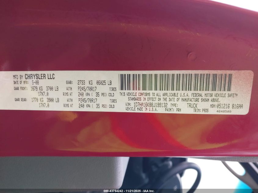 2008 Dodge Ram 1500 St/Sxt VIN: 1D7HA16K88J199132 Lot: 43754242