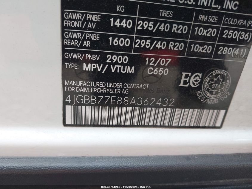 2008 Mercedes-Benz Ml63Amg VIN: 4JGBB77E88A362432 Lot: 43754245