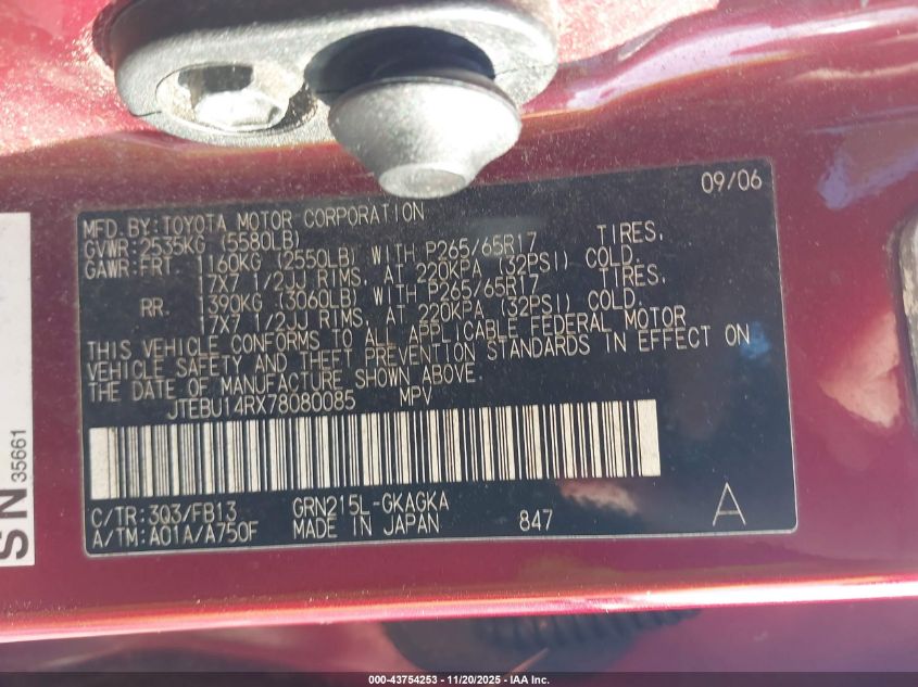 2007 Toyota 4Runner Sport V6 VIN: JTEBU14RX78080085 Lot: 43754253