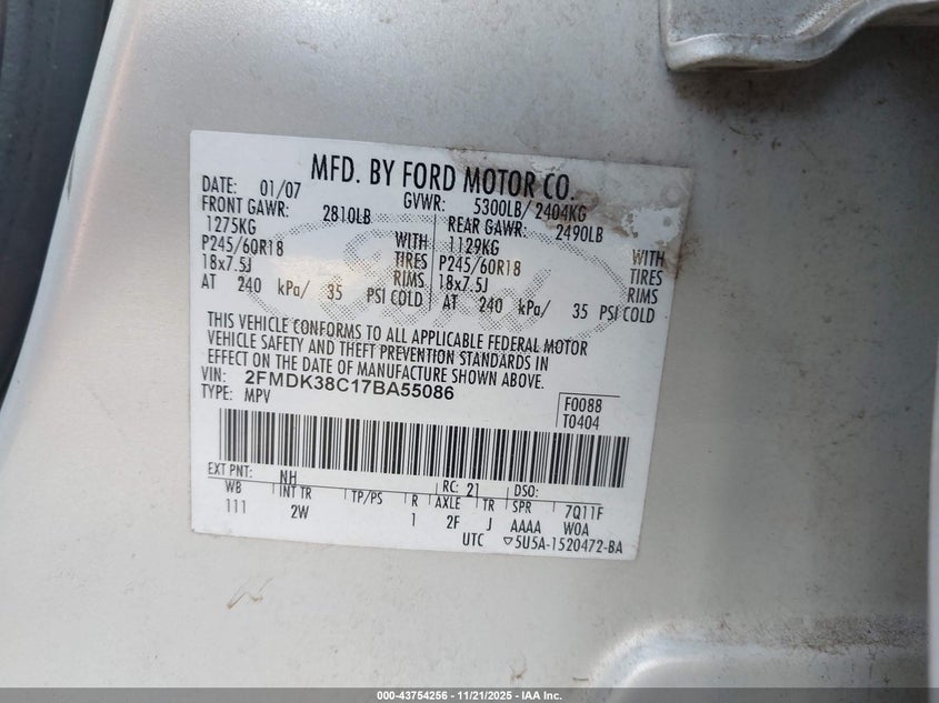 2007 Ford Edge Sel VIN: 2FMDK38C17BA55086 Lot: 43754256