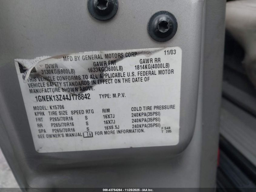 2004 Chevrolet Tahoe Ls VIN: 1GNEK13Z44J178842 Lot: 43754264