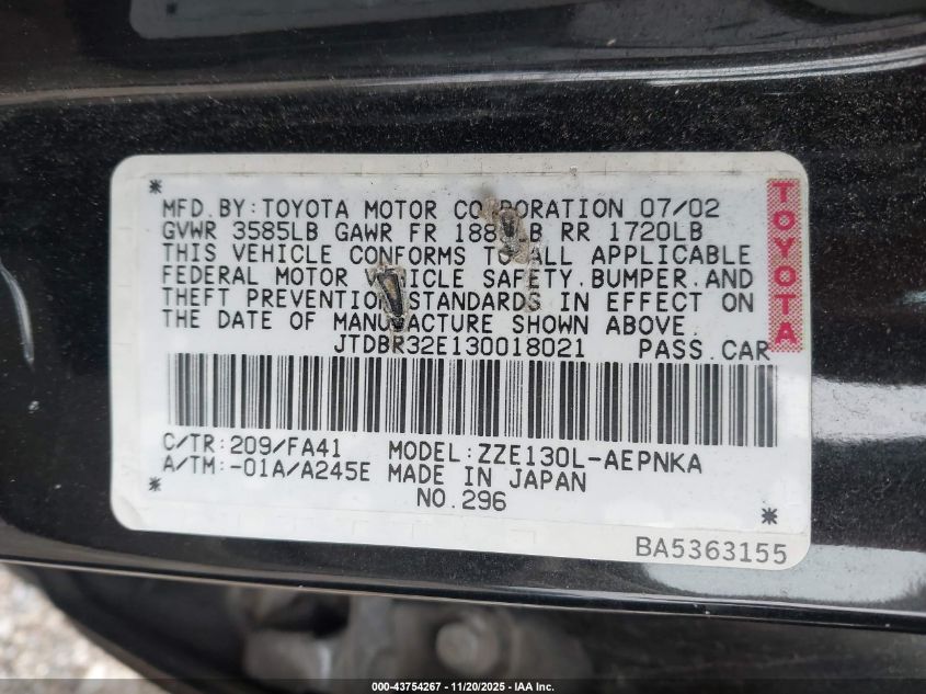 2003 Toyota Corolla Le VIN: JTDBR32E130018021 Lot: 43754267