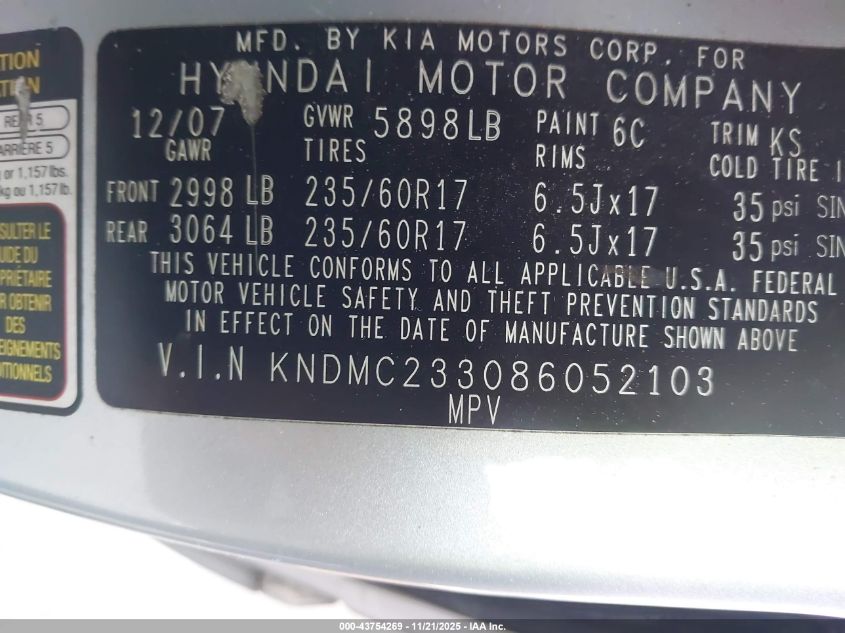 2008 Hyundai Entourage Gls/Limited VIN: KNDMC233086052103 Lot: 43754269