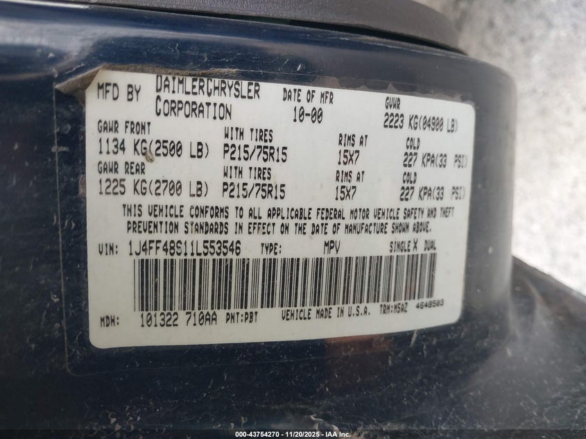 2001 Jeep Cherokee Sport VIN: 1J4FF48S11L553546 Lot: 43754270