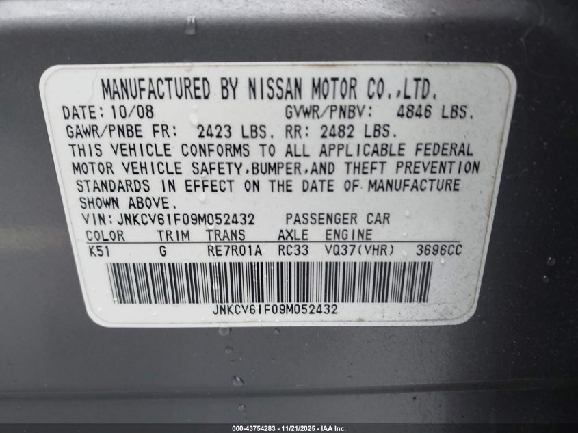 2009 Infiniti G37X VIN: JNKCV61F09M052432 Lot: 43754283