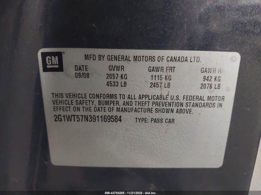 2009 Chevrolet Impala Lt VIN: 2G1WT57N391169584 Lot: 43754285