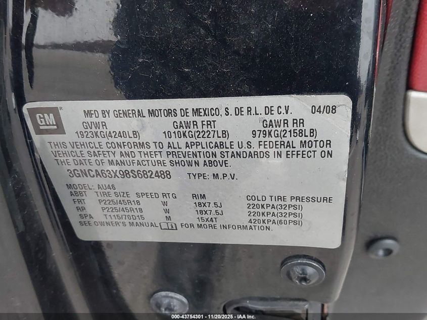 2008 Chevrolet Hhr Ss VIN: 3GNCA63X98S682488 Lot: 43754301