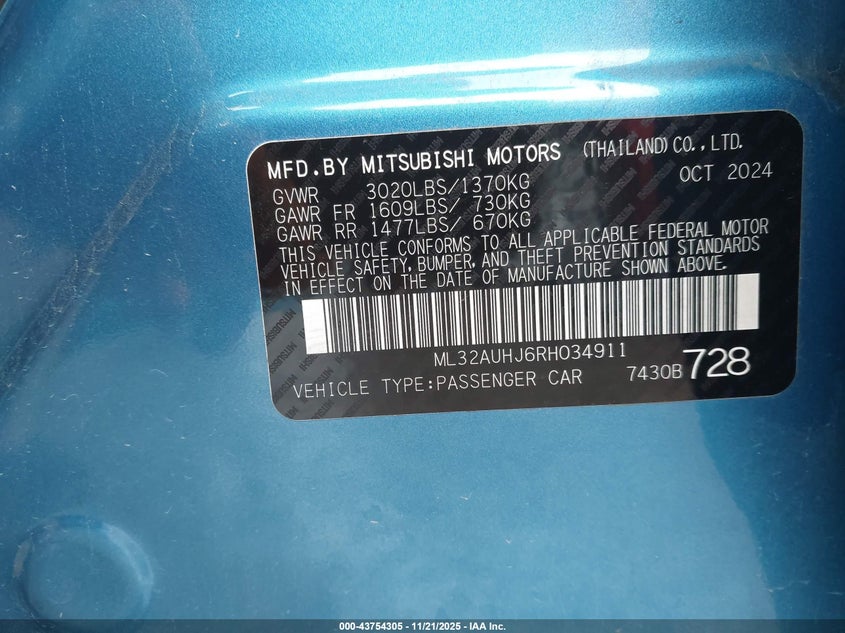 2024 Mitsubishi Mirage Es/Le VIN: ML32AUHJ6RH034911 Lot: 43754305