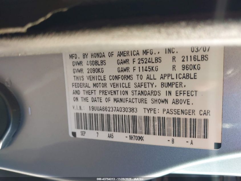2007 Acura Tl 3.2 VIN: 19UUA66237A030383 Lot: 43754313