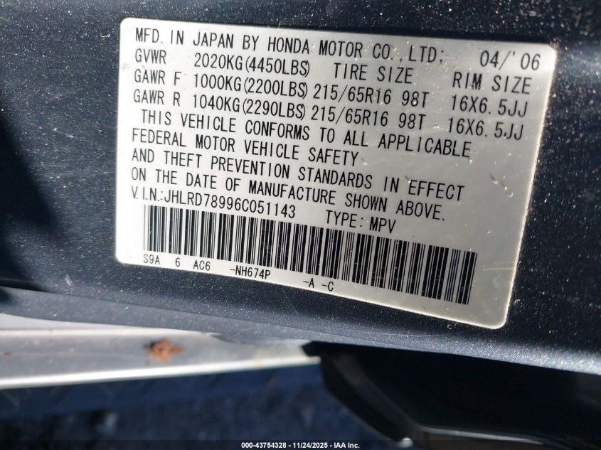 2006 Honda Cr-V Se VIN: JHLRD78996C051143 Lot: 43754328