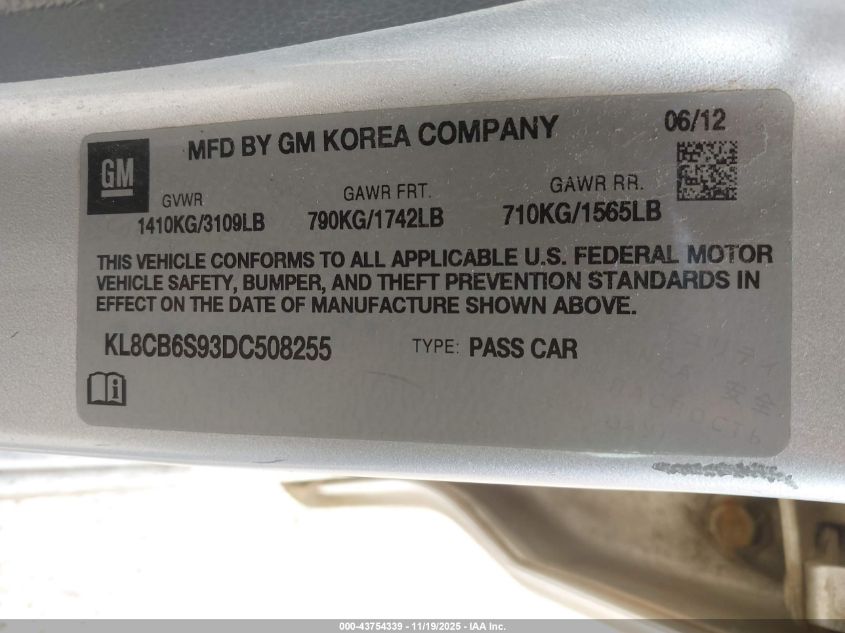 2013 Chevrolet Spark Ls Auto VIN: KL8CB6S93DC508255 Lot: 43754339