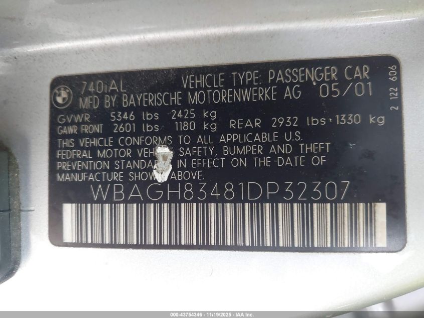 2001 BMW 740Il VIN: WBAGH83481DP32307 Lot: 43754346