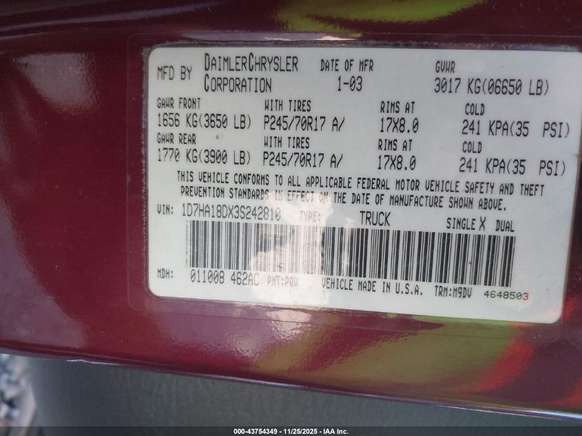 2003 Dodge Ram 1500 Slt/Laramie/St VIN: 1D7HA18DX3S242810 Lot: 43754349