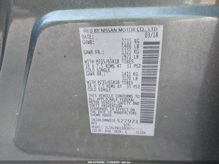 2018 Infiniti Qx60 VIN: 5N1DL0MN0JC527921 Lot: 43754354