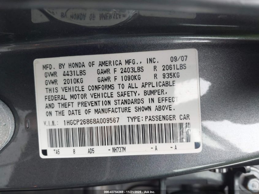 2008 Honda Accord 2.4 Ex-L VIN: 1HGCP26868A009567 Lot: 43754369