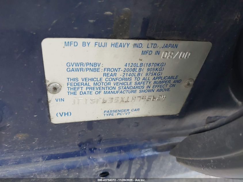 2001 Subaru Forester L VIN: JF1SF635X1H745624 Lot: 43754372