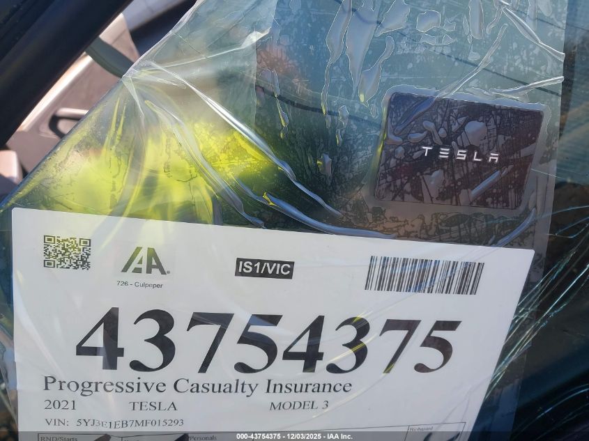 2021 Tesla Model 3 Long Range Dual Motor All-Wheel Drive VIN: 5YJ3E1EB7MF015293 Lot: 43754375