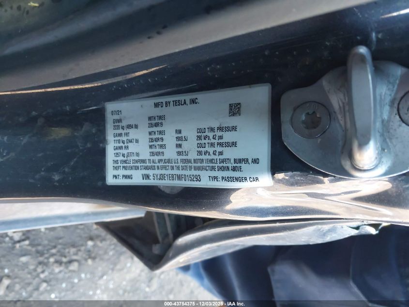 2021 Tesla Model 3 Long Range Dual Motor All-Wheel Drive VIN: 5YJ3E1EB7MF015293 Lot: 43754375